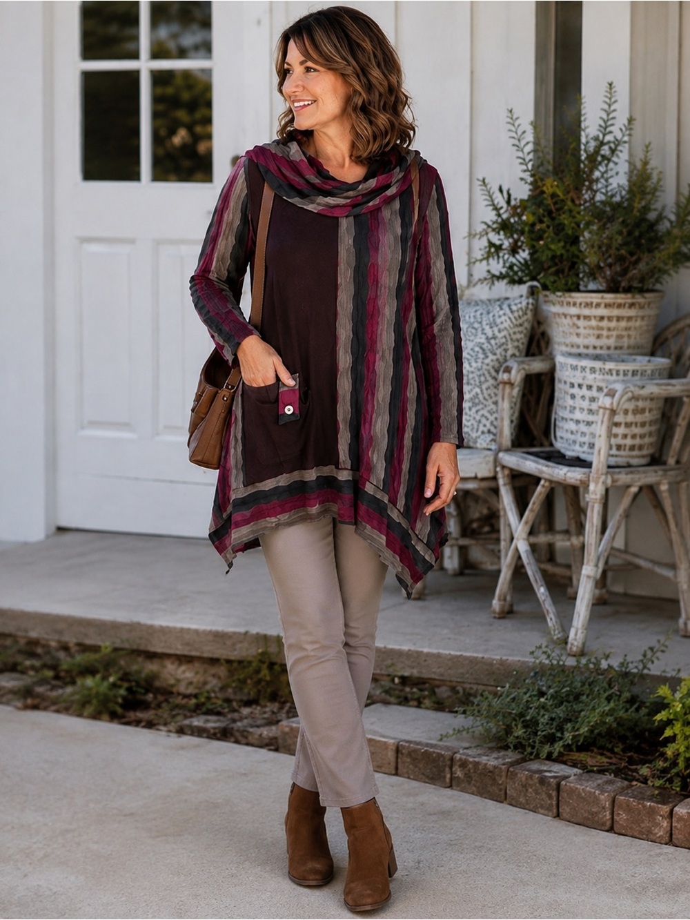 Ali Miles Women’s XL Tunic Top Burgundy Gray Cowl Neck Asymmetrical NWT
